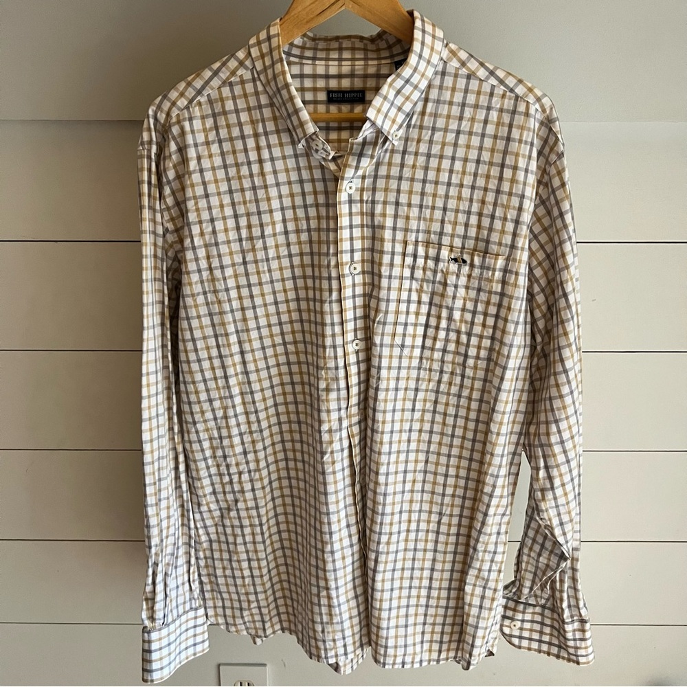 Fish Hippie Men's Checkered Plaid Tan and Gray Button Down Shirt Size XL